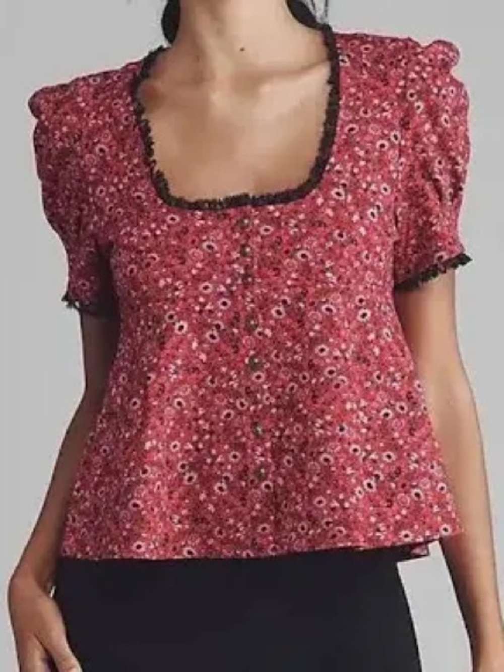 Maeve Anthropologie Pink Floral Lace Trim Square Neck Puff Sleeve Button Top XL